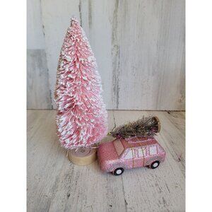 Pink bristle brush glitter pastel tree car unique xmas figure decor set